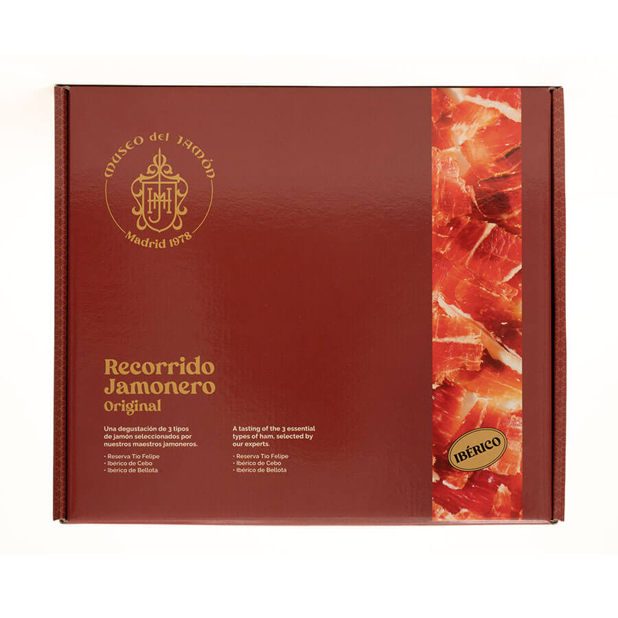 Caja de recorrido jamonero con jamones ibéricos